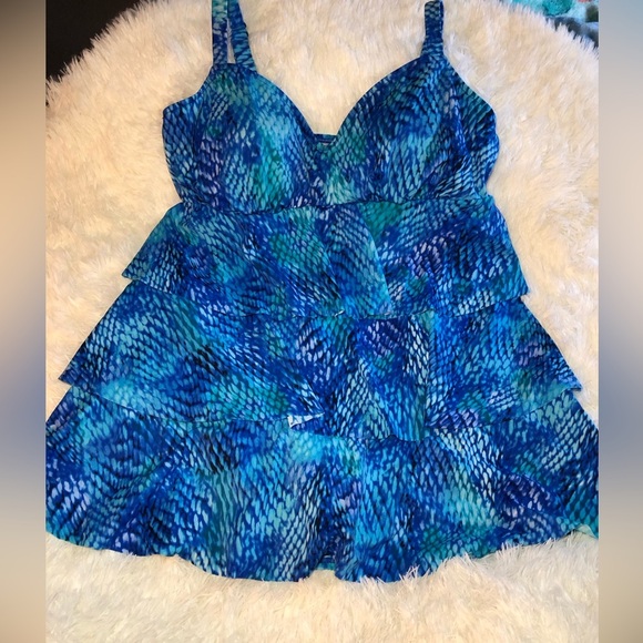 Blue Patterned Tiered Swimsuit - Picture 1 of 14